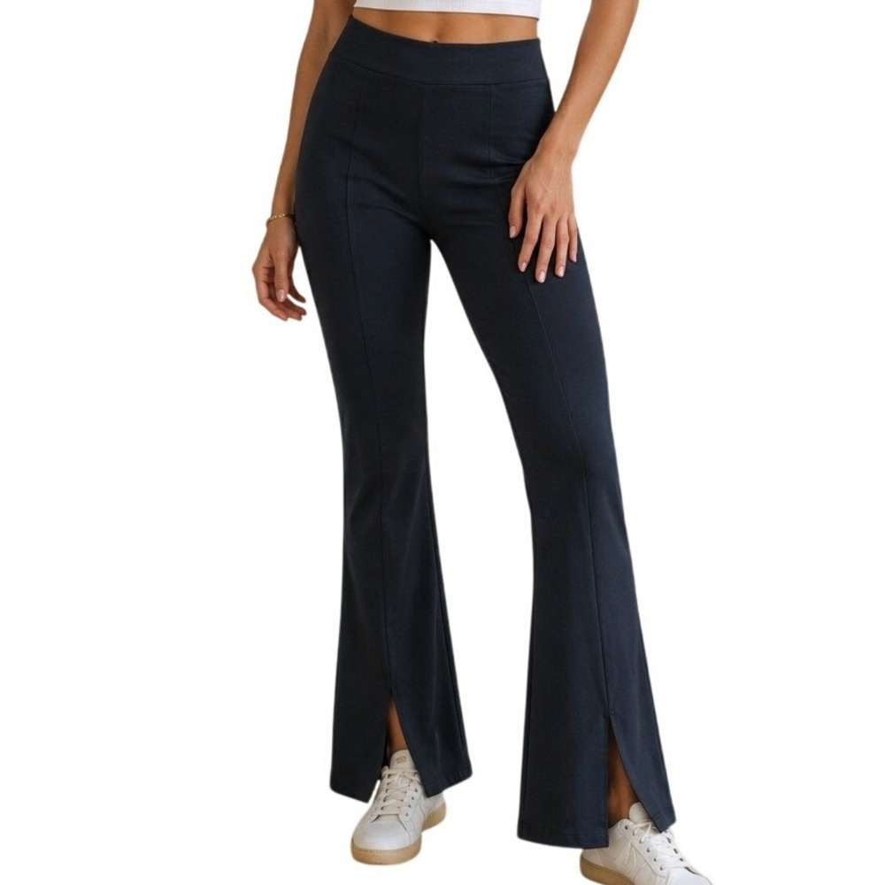 American Eagle The Everything Flare Pants Black Wide Leg Front Slit Seam Large